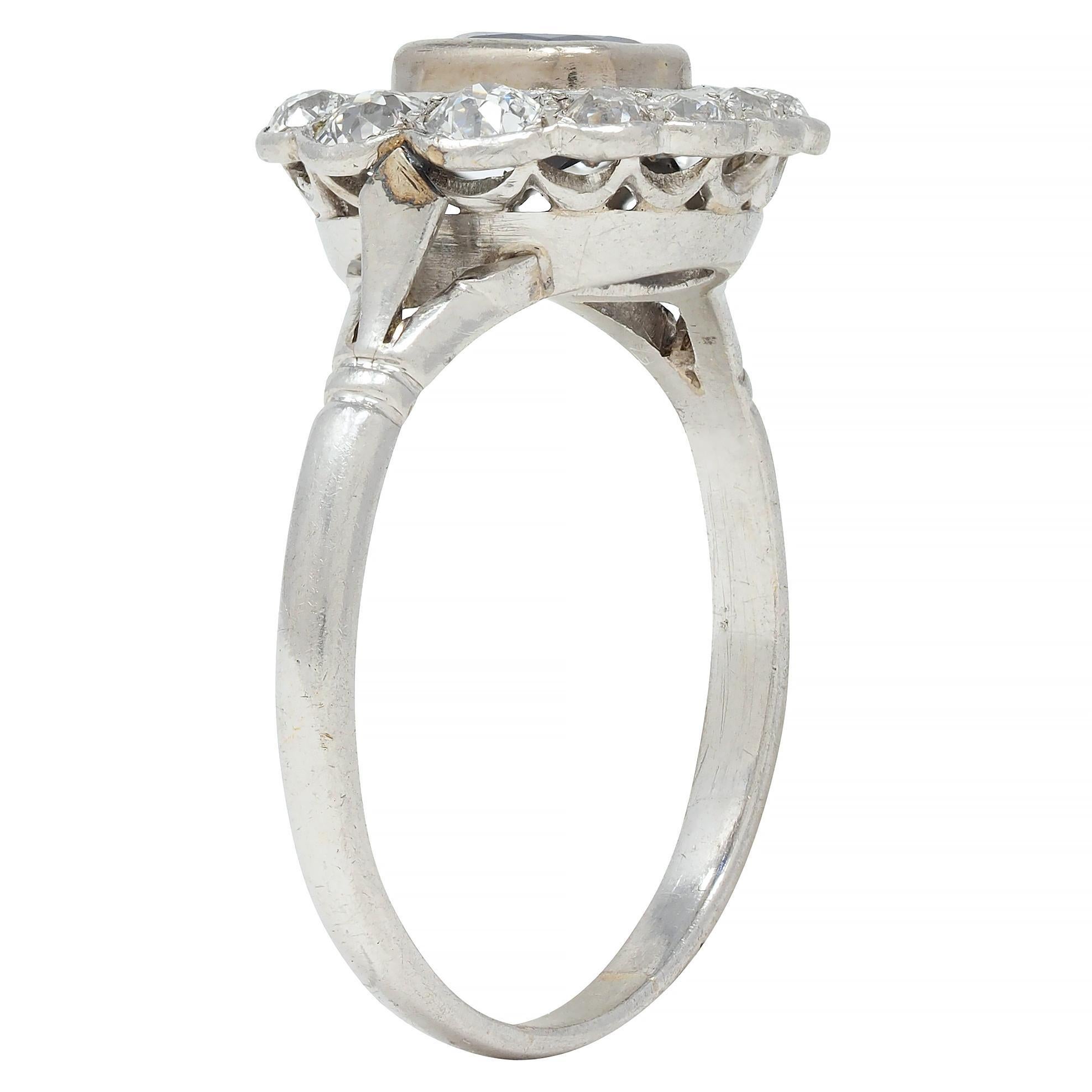 Art Deco 1.62 CTW Sapphire Diamond Platinum Floating Vintage Halo Ring For Sale 5