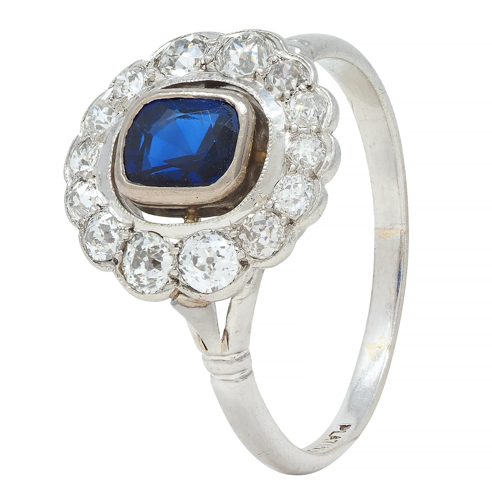 Art Deco 1.62 CTW Sapphire Diamond Platinum Floating Vintage Halo Ring For Sale 3