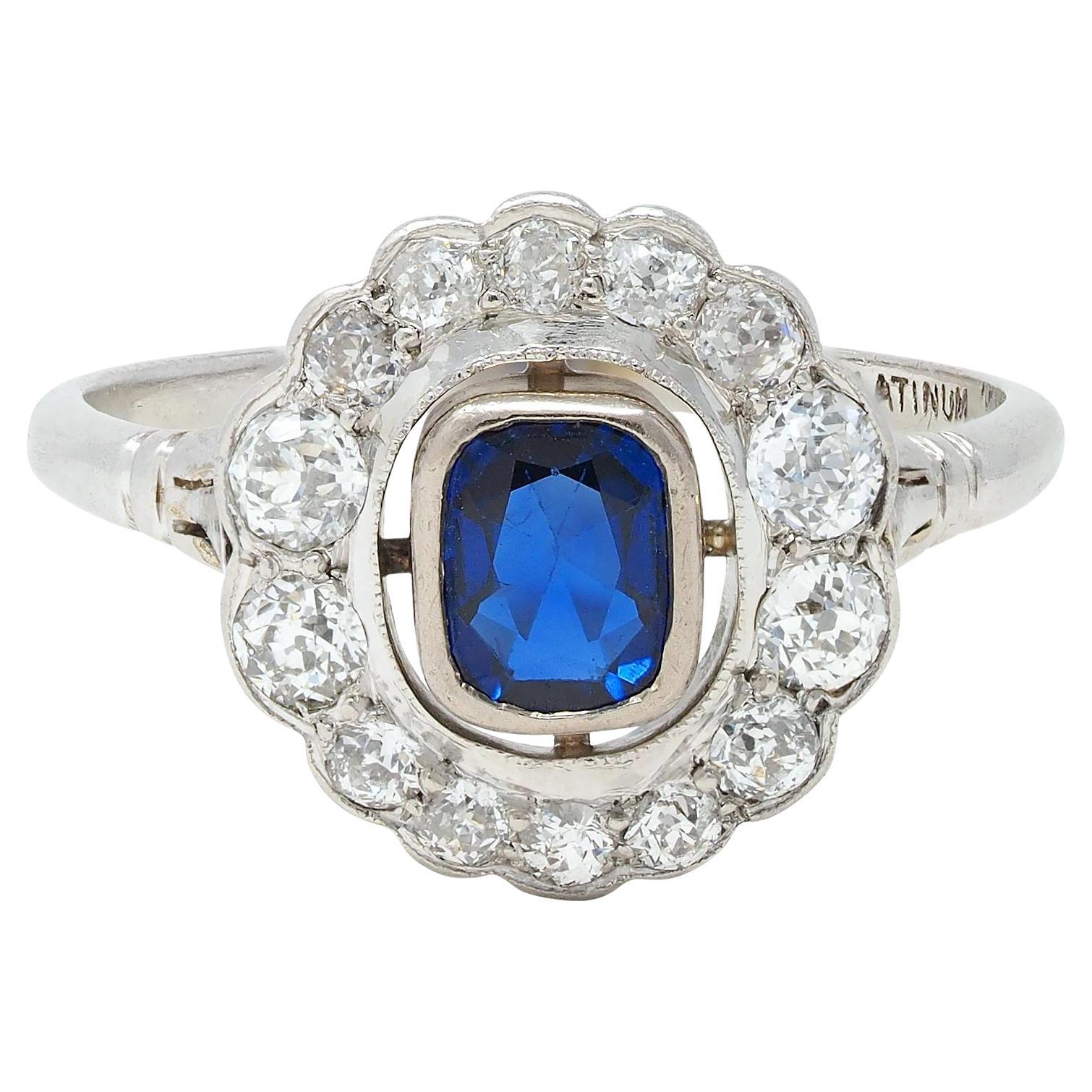Art Deco 1.62 CTW Sapphire Diamond Platinum Floating Vintage Halo Ring For Sale