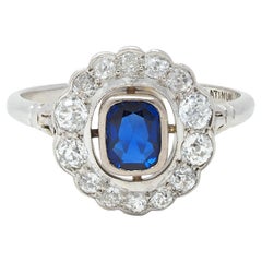 Art Deco 1,62 Karat Saphir Diamant Platin Schwebender Vintage Halo-Ring