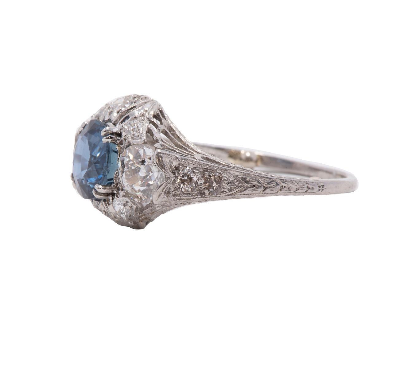 Round Cut Art Deco 1.64 Carat Natural Sapphire and Diamond Ring - AGL  For Sale