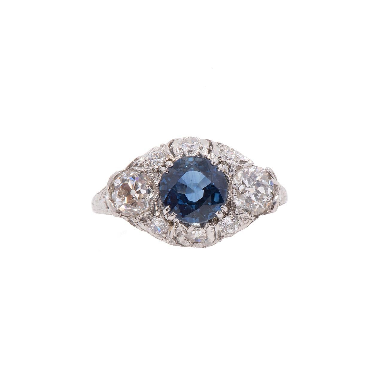 Women's Art Deco 1.64 Carat Natural Sapphire and Diamond Ring - AGL  For Sale