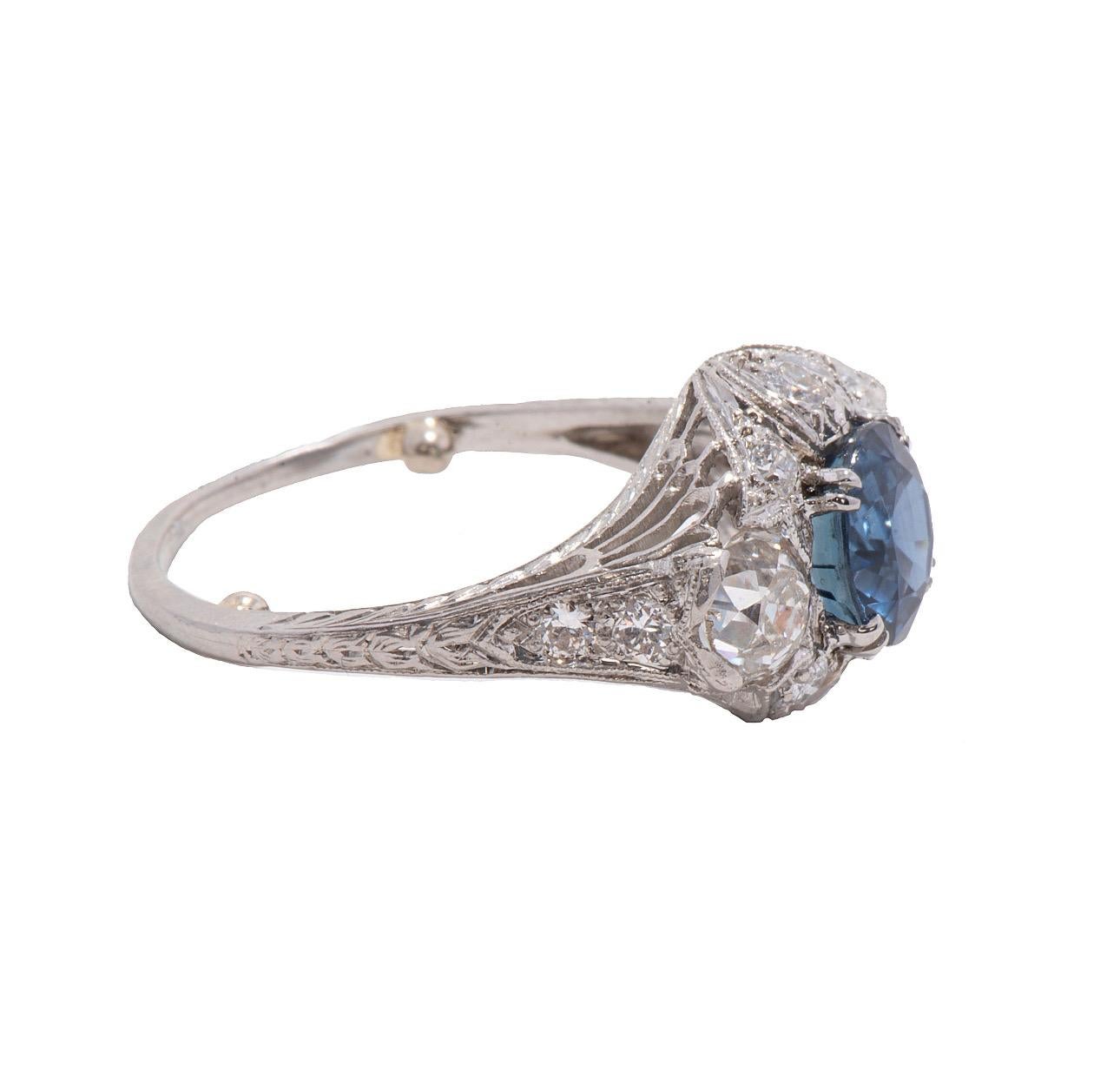 Art Deco 1.64 Carat Natural Sapphire and Diamond Ring - AGL  For Sale 1