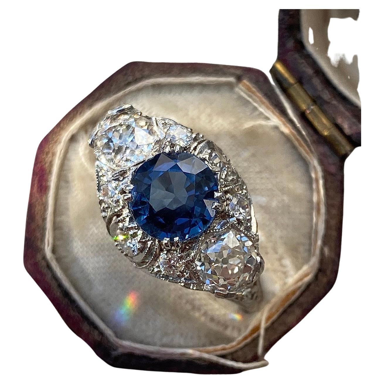 Art Deco 1.64 Carat Natural Sapphire and Diamond Ring - AGL 