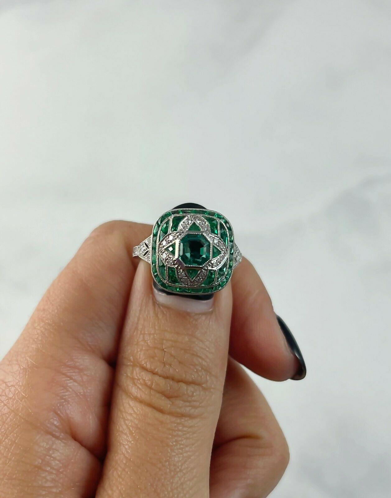 Art Deco Style 1.64 Carat Octagon Emerald Diamond Platinum Engagement Ring 1