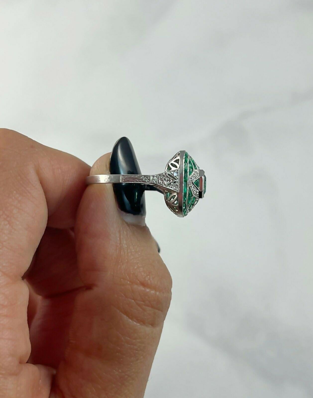 Art Deco Style 1.64 Carat Octagon Emerald Diamond Platinum Engagement Ring 2