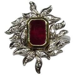 Art Deco Style 1.64 Carat Ruby Round Cut White Diamonds 18 Karat White Gold Ring