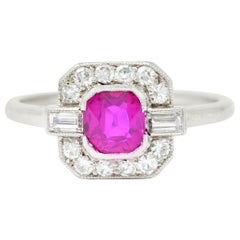 Antique Art Deco 1.65 Carat No Heat Burma Ruby Diamond Platinum Halo Ring GIA