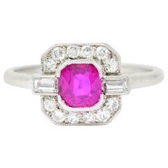 Art Deco 1.65 Carat No Heat Burma Ruby Diamond Platinum Halo Ring GIA