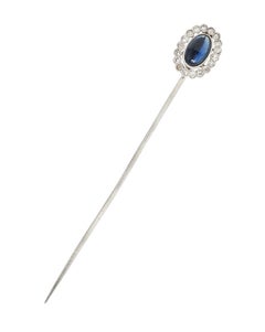 Art Deco 1.65 Carats Sapphire Cabochon Diamond Halo Platinum Vintage Stickpin