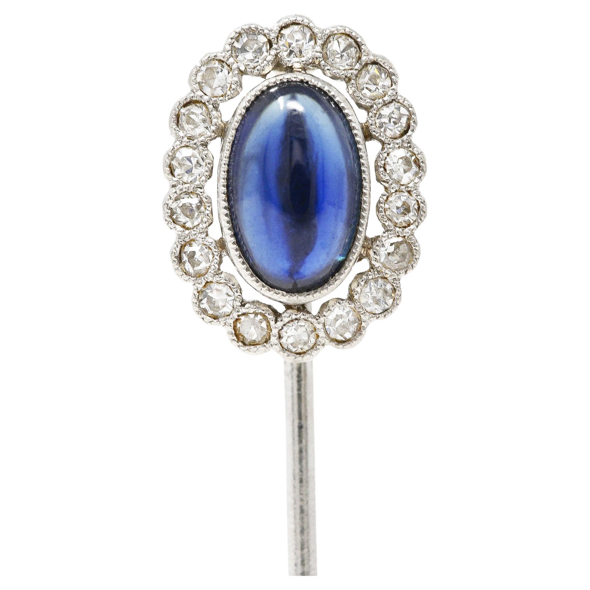 Art Deco 1.65 Carats Sapphire Cabochon Diamond Halo Platinum Vintage Stickpin