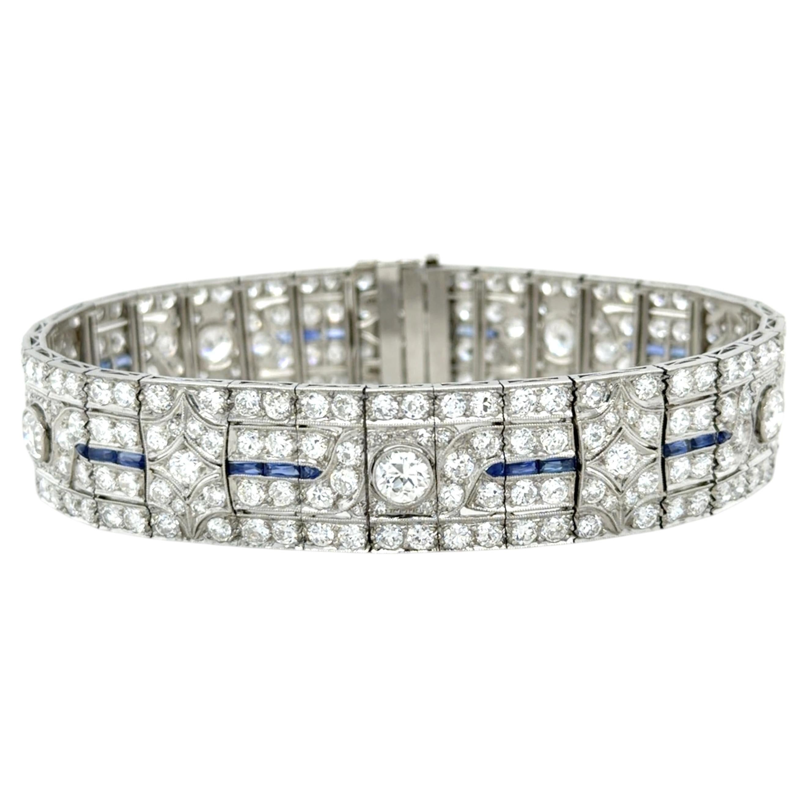 Pulsera Art Déco con diamantes y zafiros de 16,50 quilates, de platino en venta
