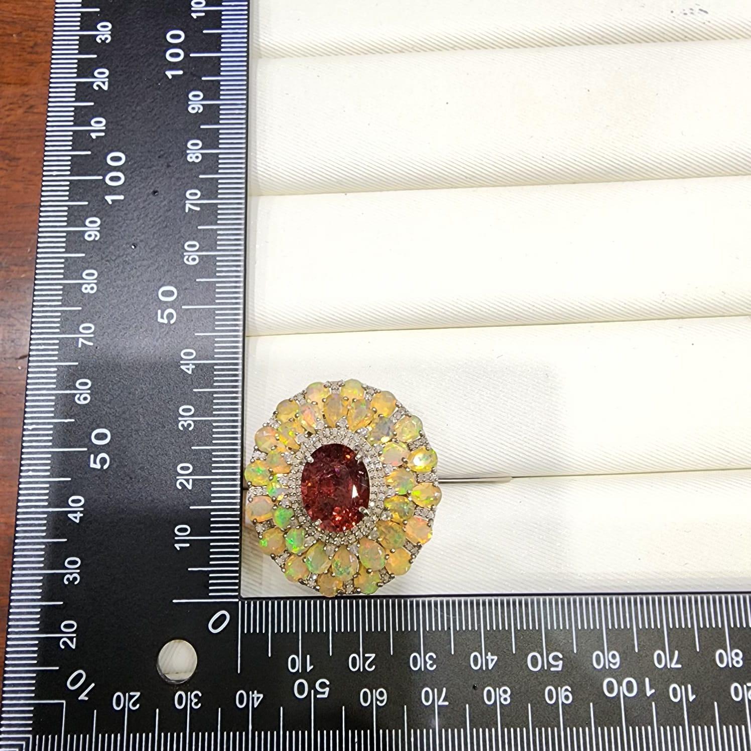 Art Deco 16.58 Ct Tourmaline Opal Ring and 0.58Ct Natural Diamond  in Silver en vente 1