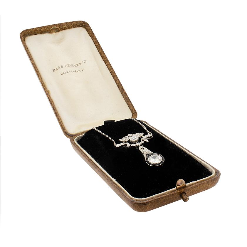 Old European Cut Art Deco 1.65 Carat Diamond and Onyx Drop Pendant Necklace, circa 1920s For Sale