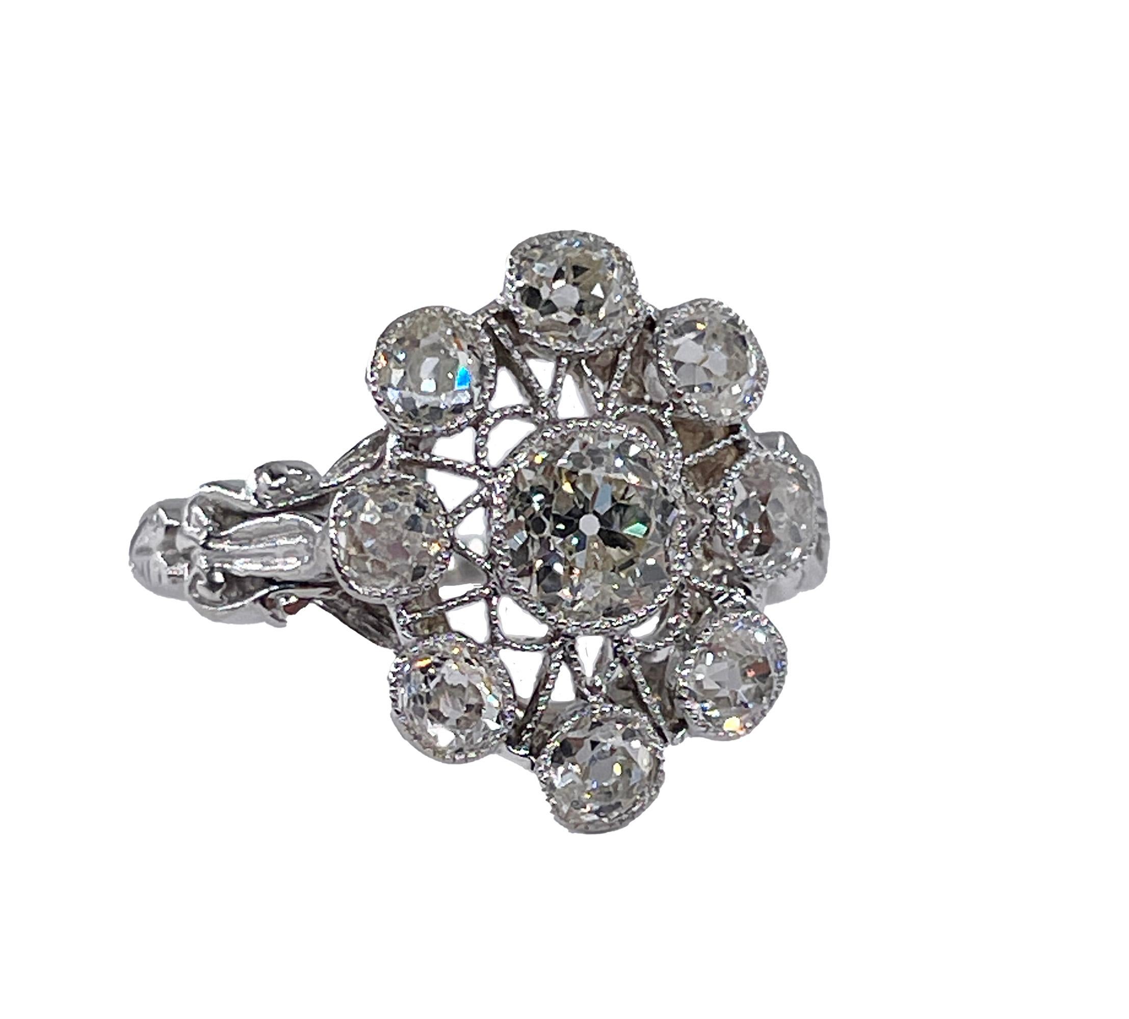 Art Deco 1.65ctw Antique Old European Diamond Cluster Platinum Ring, EGL USA In Good Condition In New York, NY