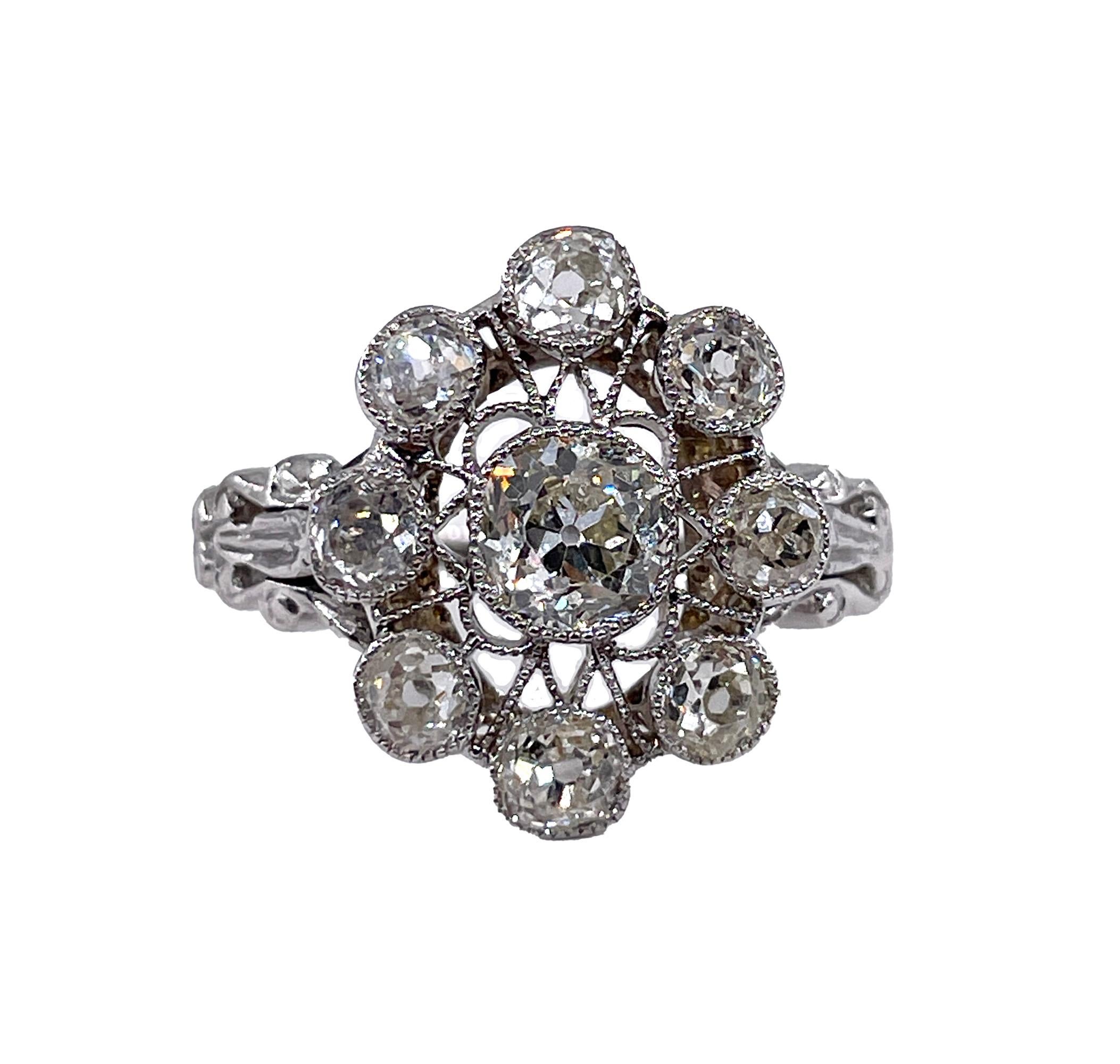 Art Deco 1.65ctw Antique Old European Diamond Cluster Platinum Ring, EGL USA 1