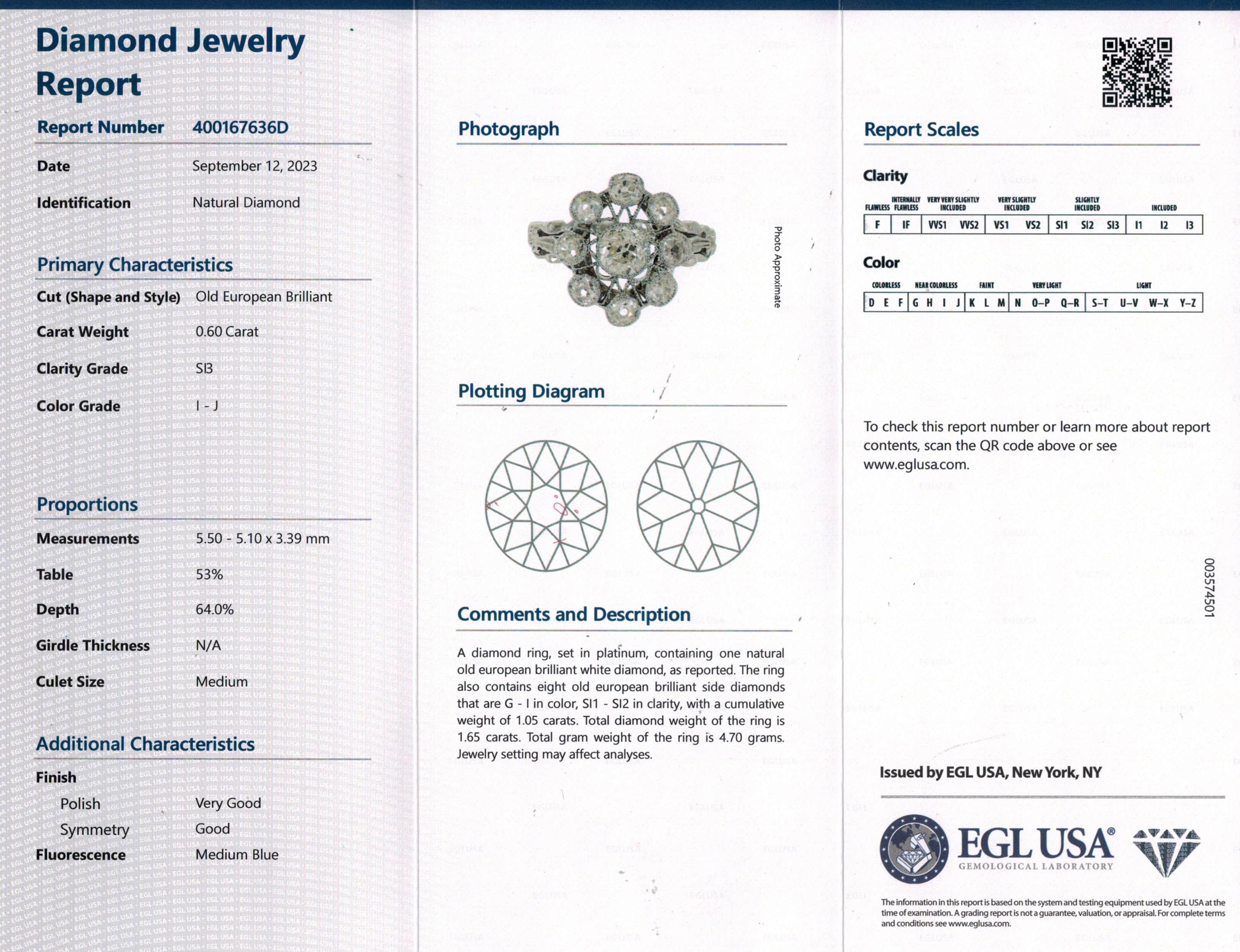 Art Deco 1.65ctw Antique Old European Diamond Cluster Platinum Ring, EGL USA 3