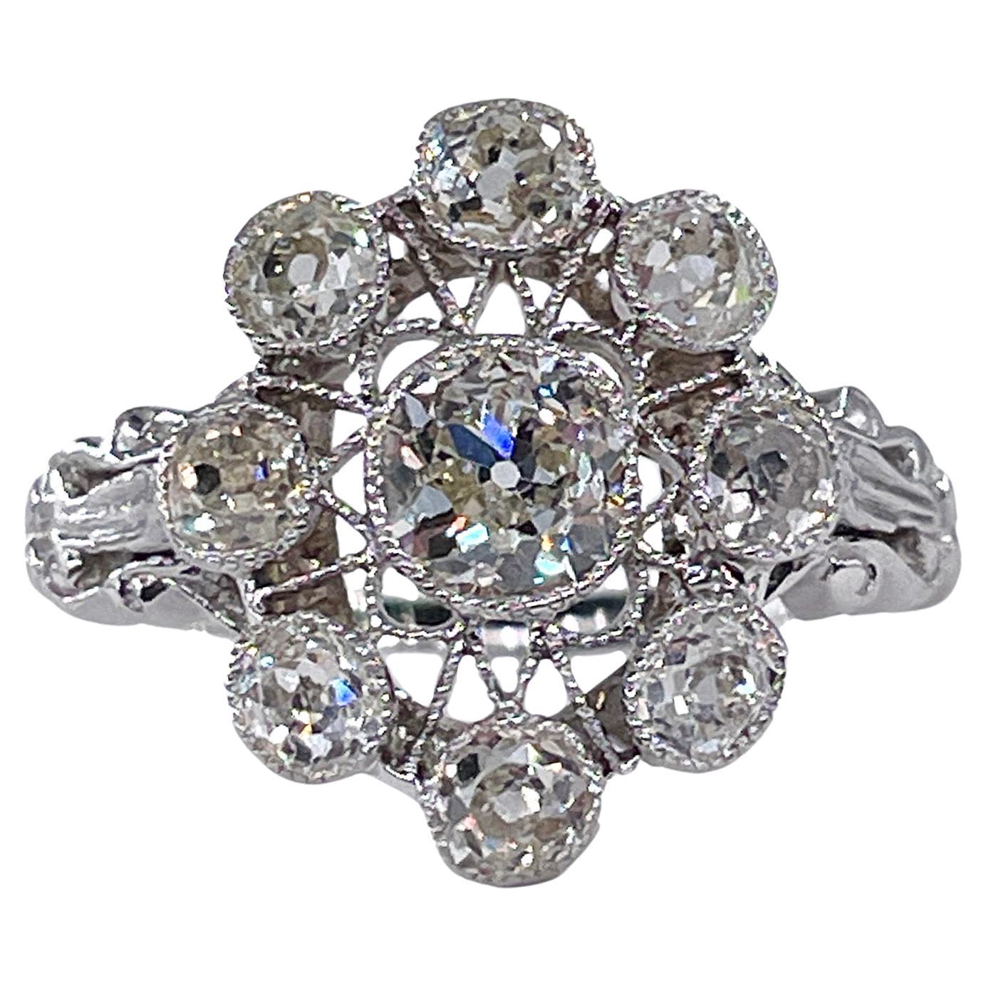 Art Deco 1.65ctw Antique Old European Diamond Cluster Platinum Ring, EGL USA