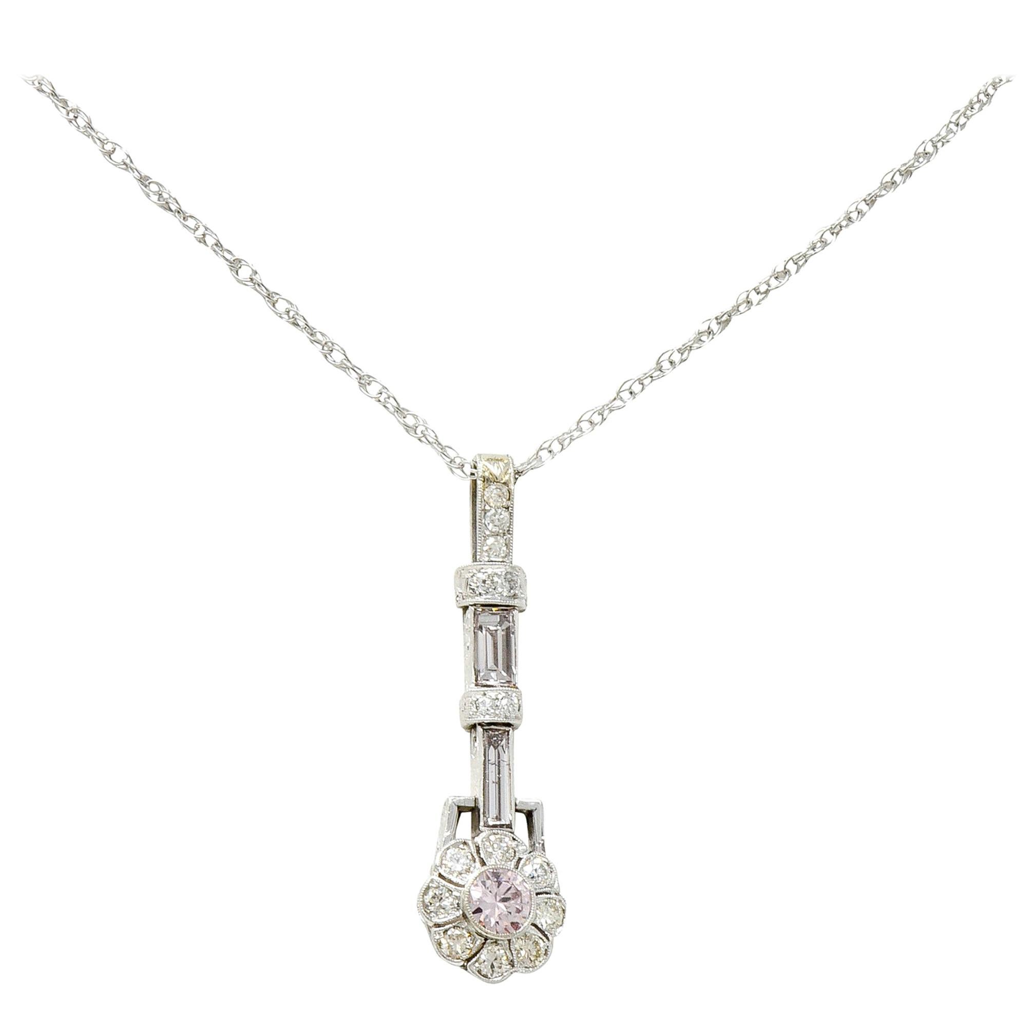 Art Deco 1.66 Carat Fancy Pink and White Diamond 14 Karat White Gold Necklace