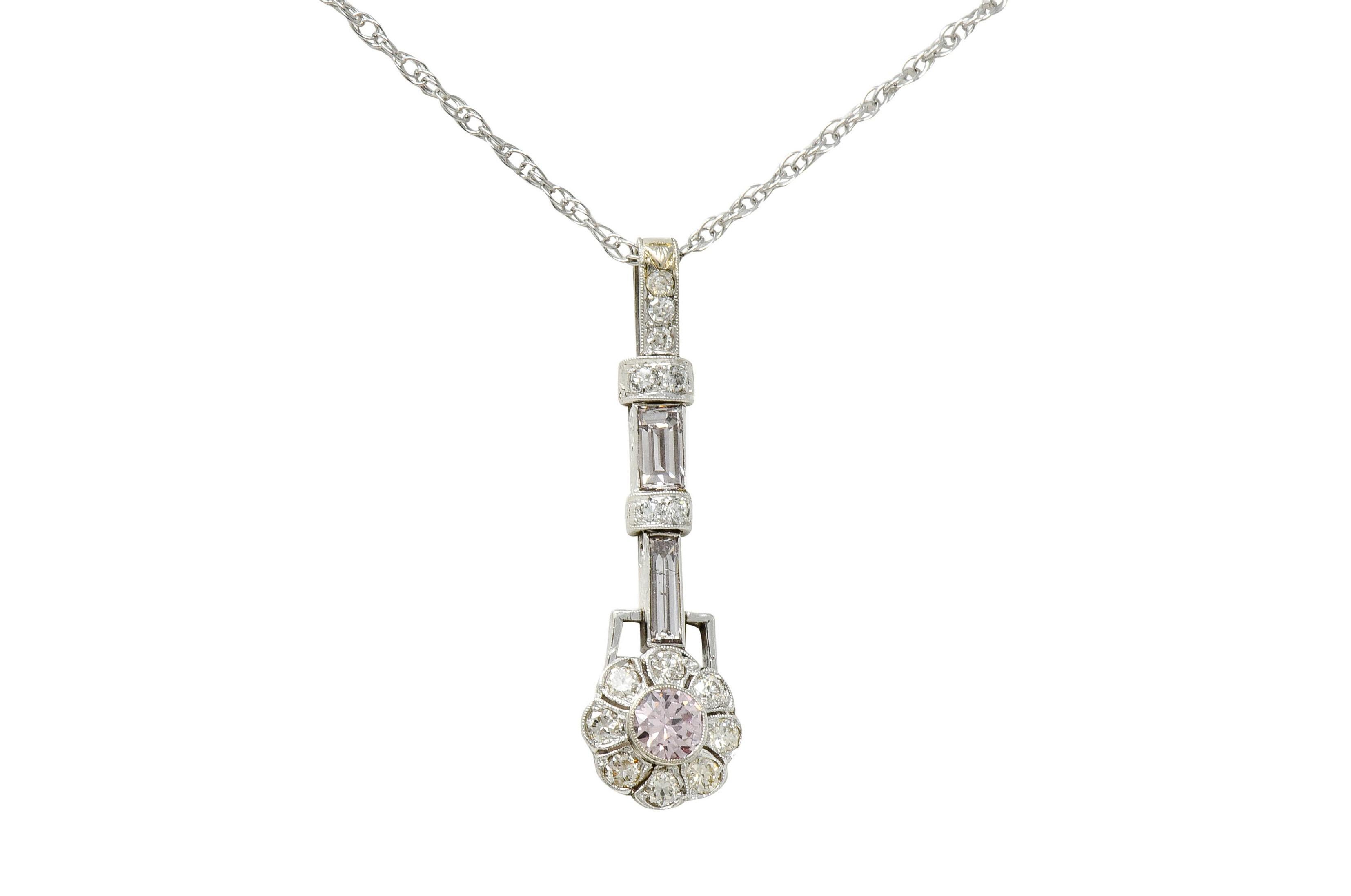 Art Deco 1.66 Carat Fancy Pink and White Diamond 14 Karat White Gold Necklace 6