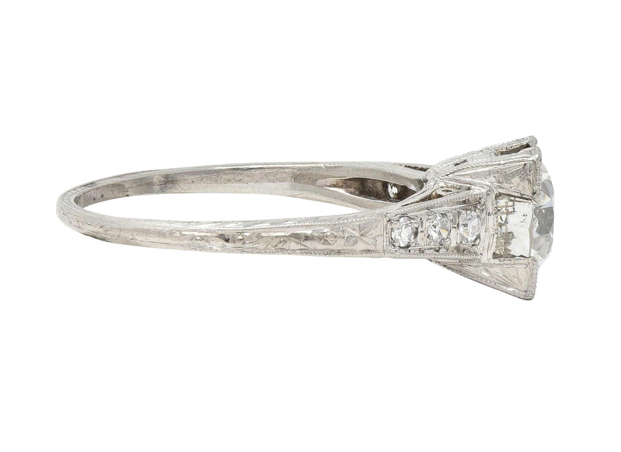 Art Deco 1.66 CTW Old European Diamond Platinum Orange Blossom Engagement Ring In Excellent Condition For Sale In Philadelphia, PA