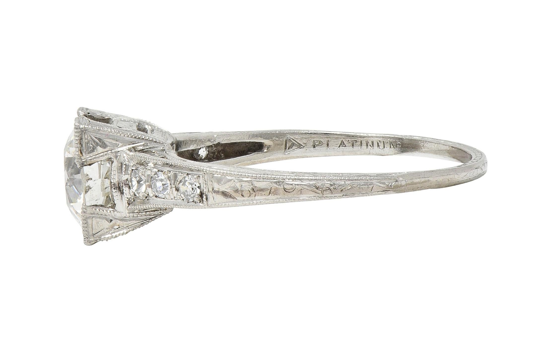 Art Deco 1.66 CTW Old European Diamond Platinum Orange Blossom Engagement Ring For Sale 2