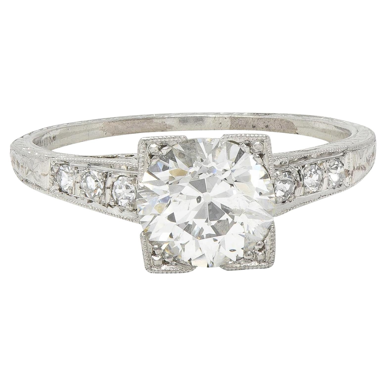 Art Deco 1.66 CTW Old European Diamond Platinum Orange Blossom Engagement Ring For Sale
