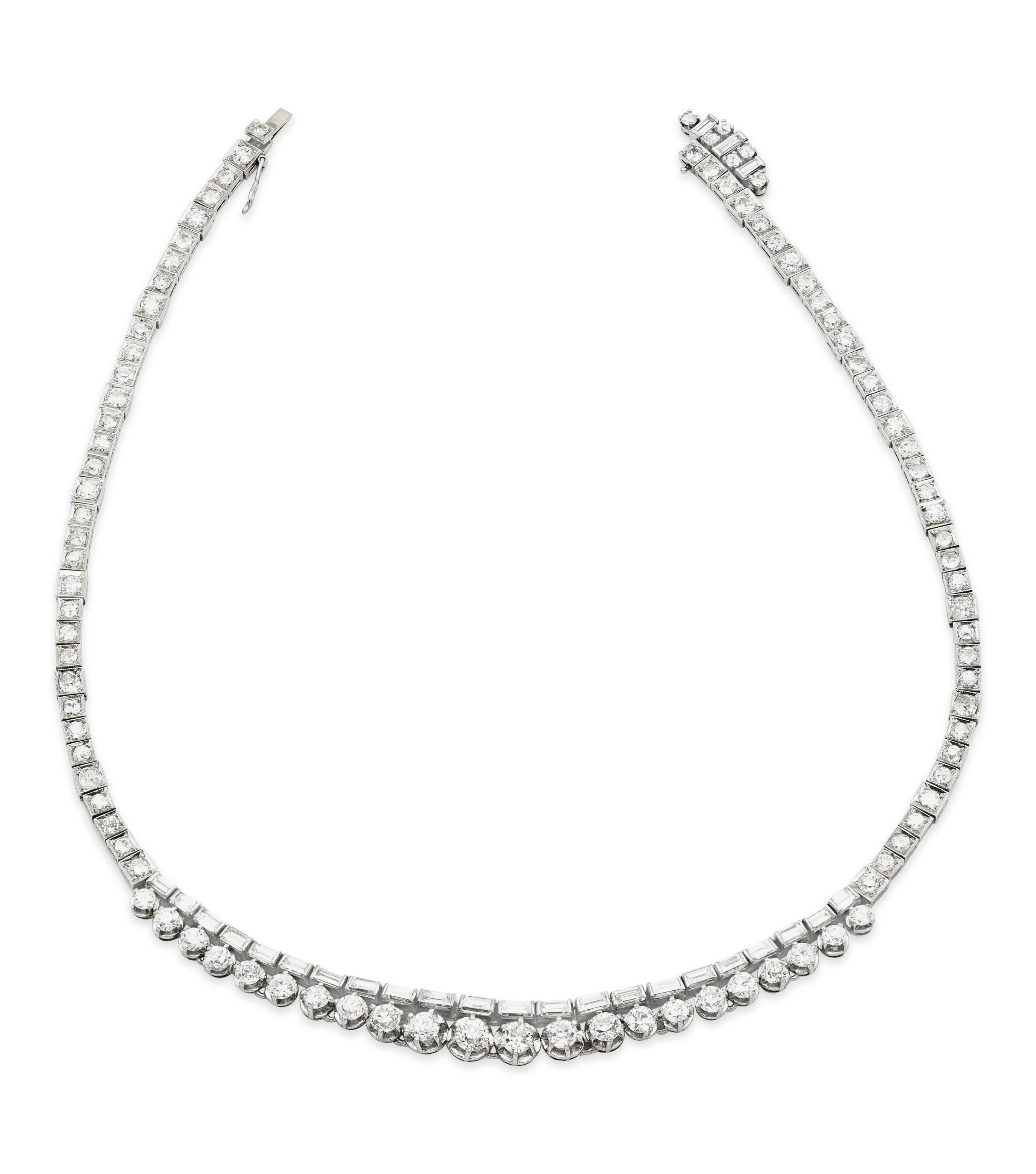 Art déco 16,60 Karat Diamant-Halskette mit europäischen und Baguette-Diamanten (Alteuropäischer Schliff) im Angebot