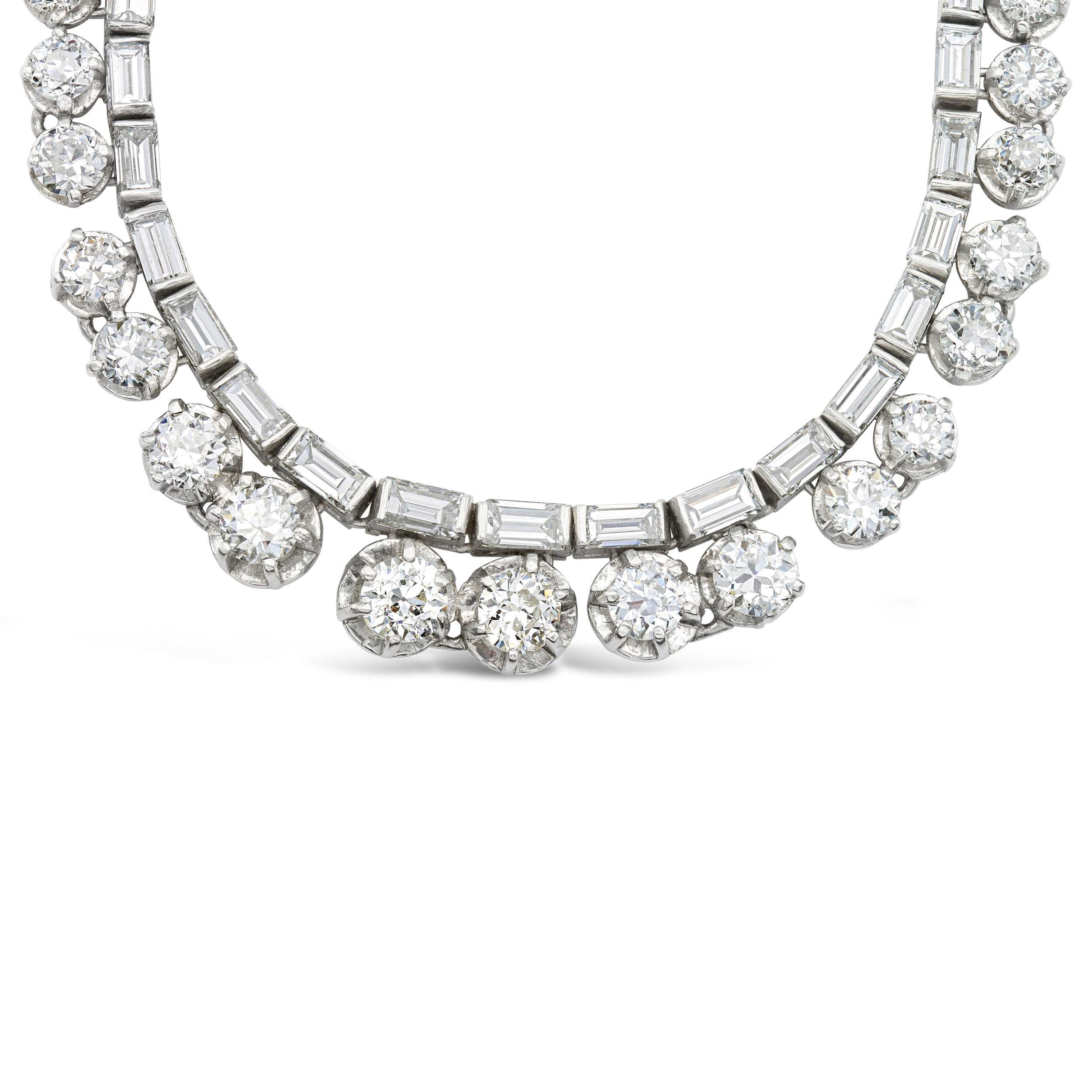 Art déco 16,60 Karat Diamant-Halskette mit europäischen und Baguette-Diamanten im Zustand „Gut“ im Angebot in New York, NY