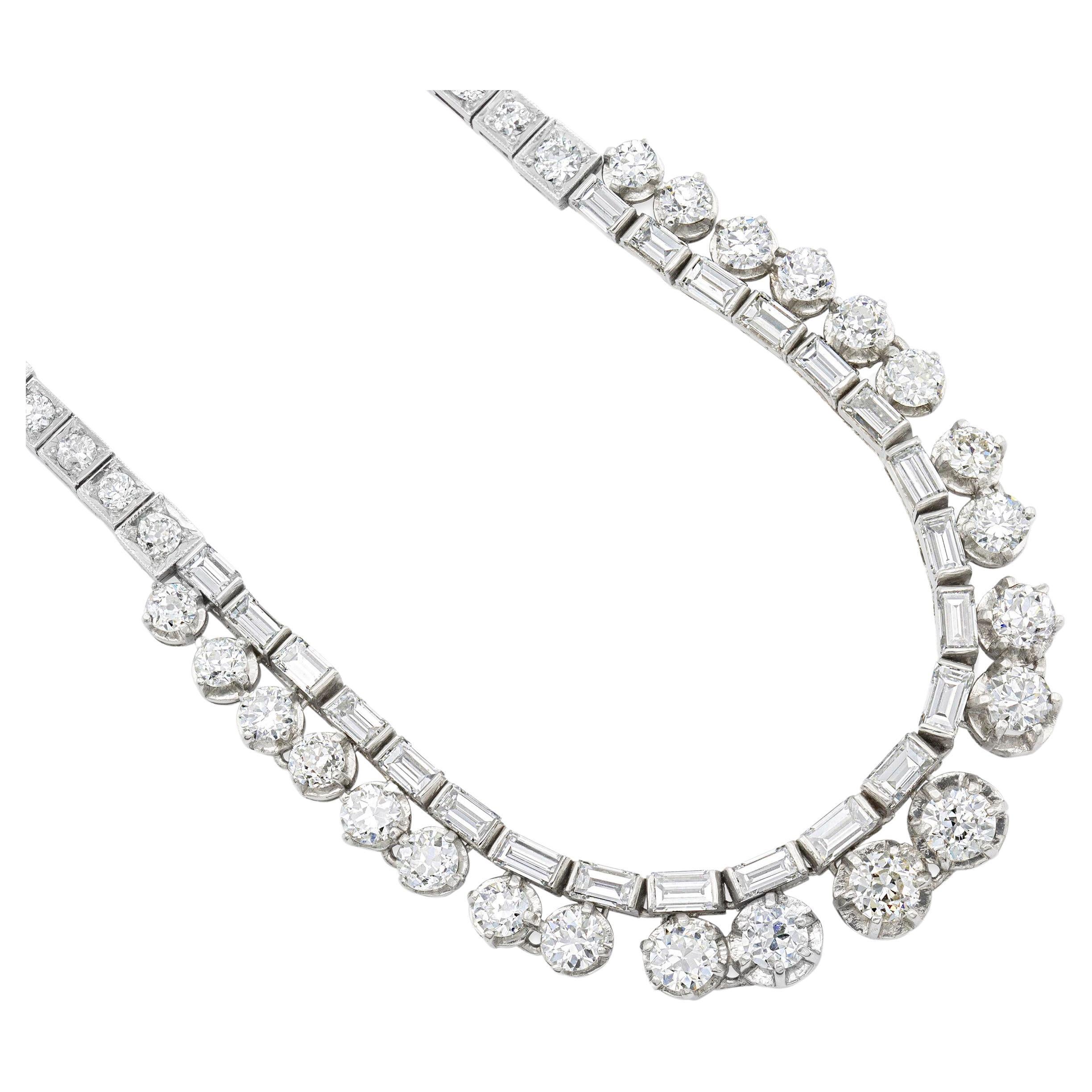 Art Deco 16.60 Ct. Old European and Baguette Diamond Necklace For Sale