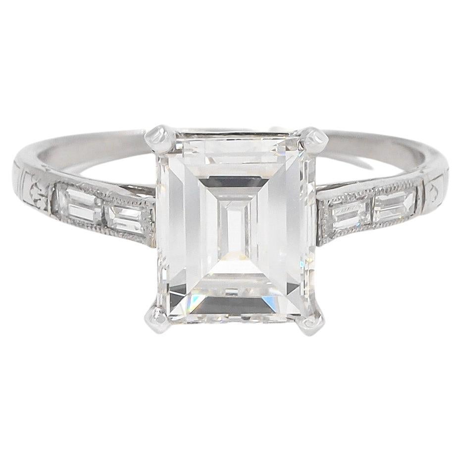 Art Deco 1.67 Carat GIA Certified Step Cut Diamond Engagement Ring For Sale