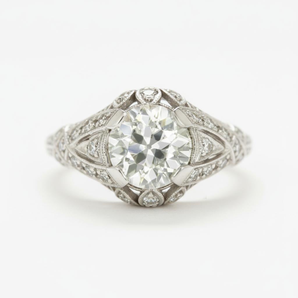 Bague de fiançailles Art déco en platine avec diamant taille européenne ancienne de 1.67 carat Excellent état - En vente à Chicago, IL
