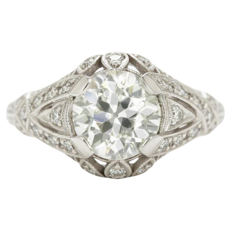 Bague de fiançailles Art déco en platine avec diamant taille européenne ancienne de 1.67 carat