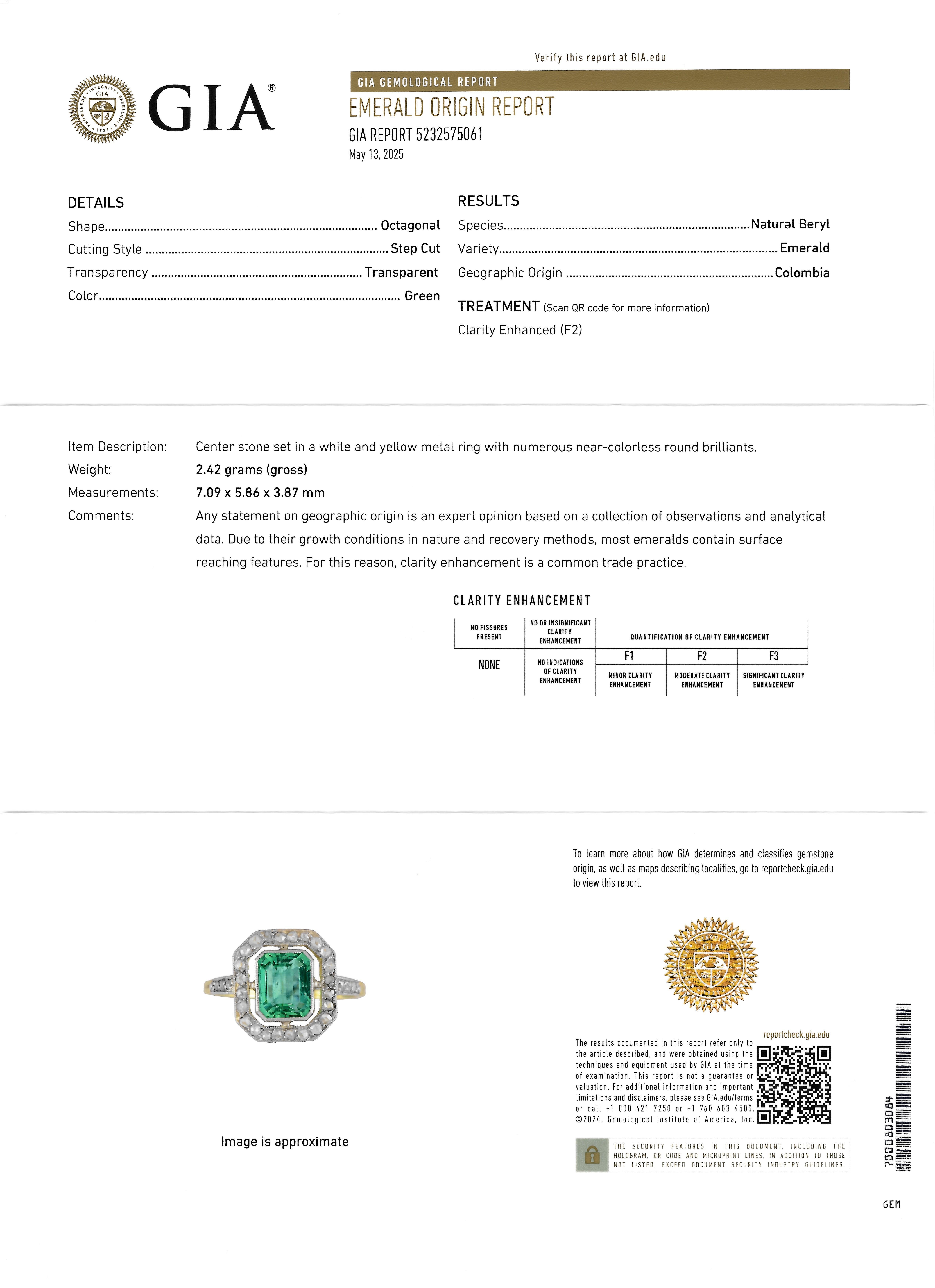Art Deco 1.67 CTW Colombian Emerald Diamond Platinum 18K Gold Antique Halo Ring en venta 7