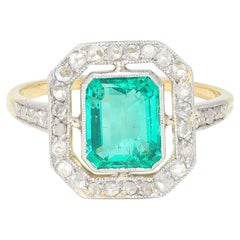 Art Deco 1.67 CTW Colombian Emerald Diamond Platinum 18K Gold Antique Halo Ring