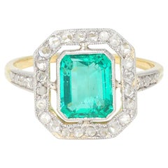 Arte Antiques 1.67 CTW Colombian Emerald Diamond Platinum 18K Gold Antique Halo Ring