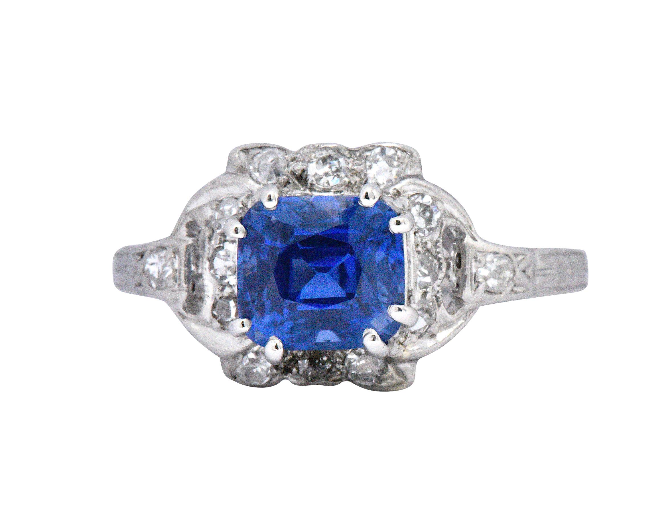 Art Deco 1.67 CTW Unheated Kashmir Sapphire Diamond & Platinum Ring AGL In Good Condition In Philadelphia, PA