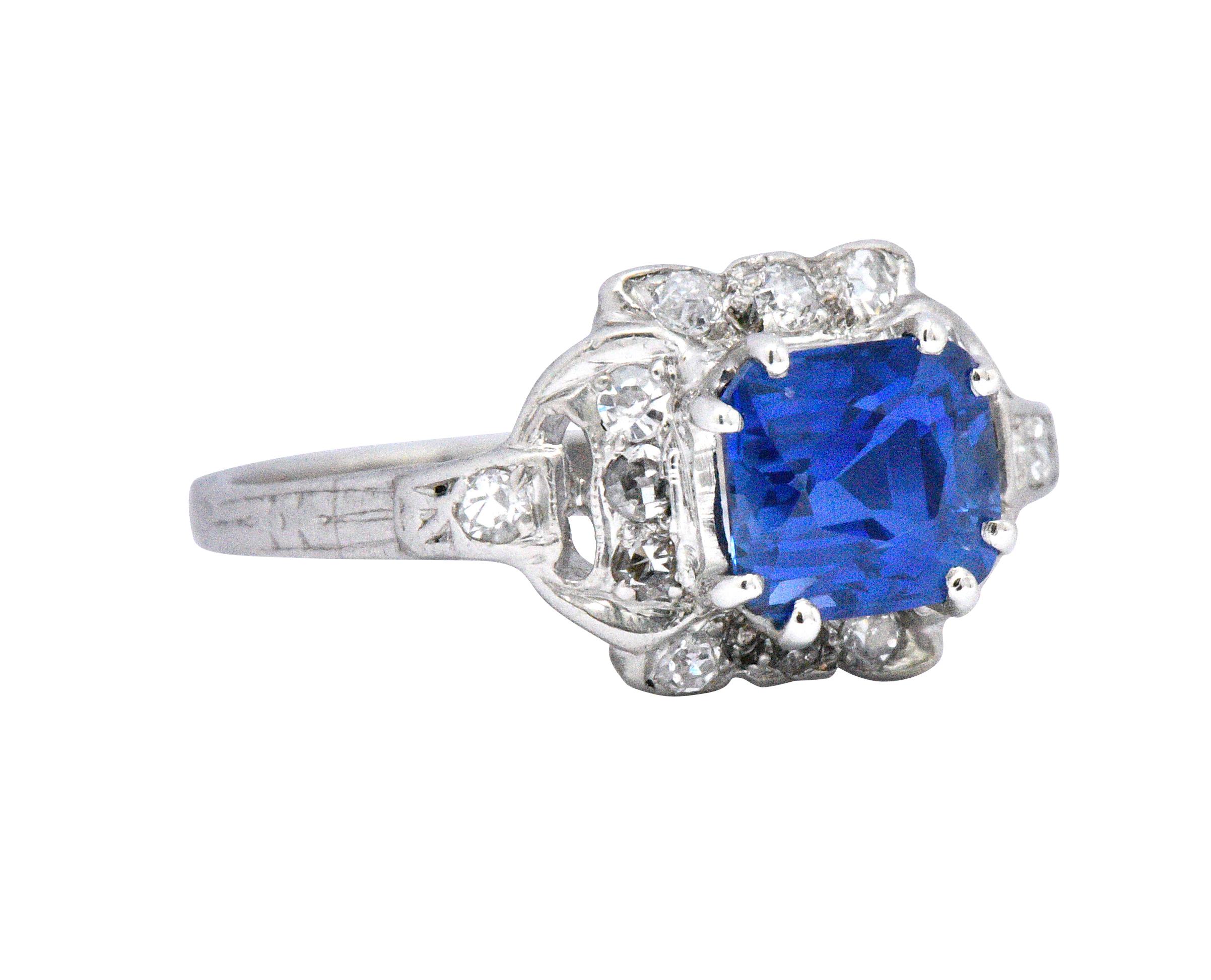 Women's or Men's Art Deco 1.67 CTW Unheated Kashmir Sapphire Diamond & Platinum Ring AGL