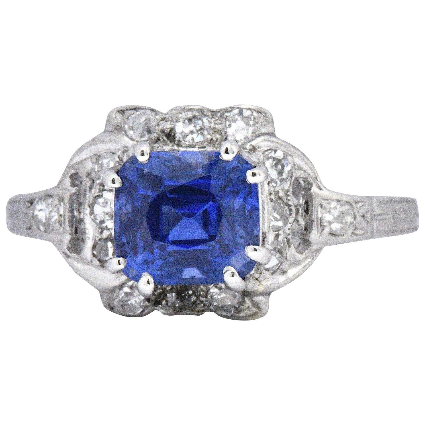 Art Deco 1.67 CTW Unheated Kashmir Sapphire Diamond & Platinum Ring AGL