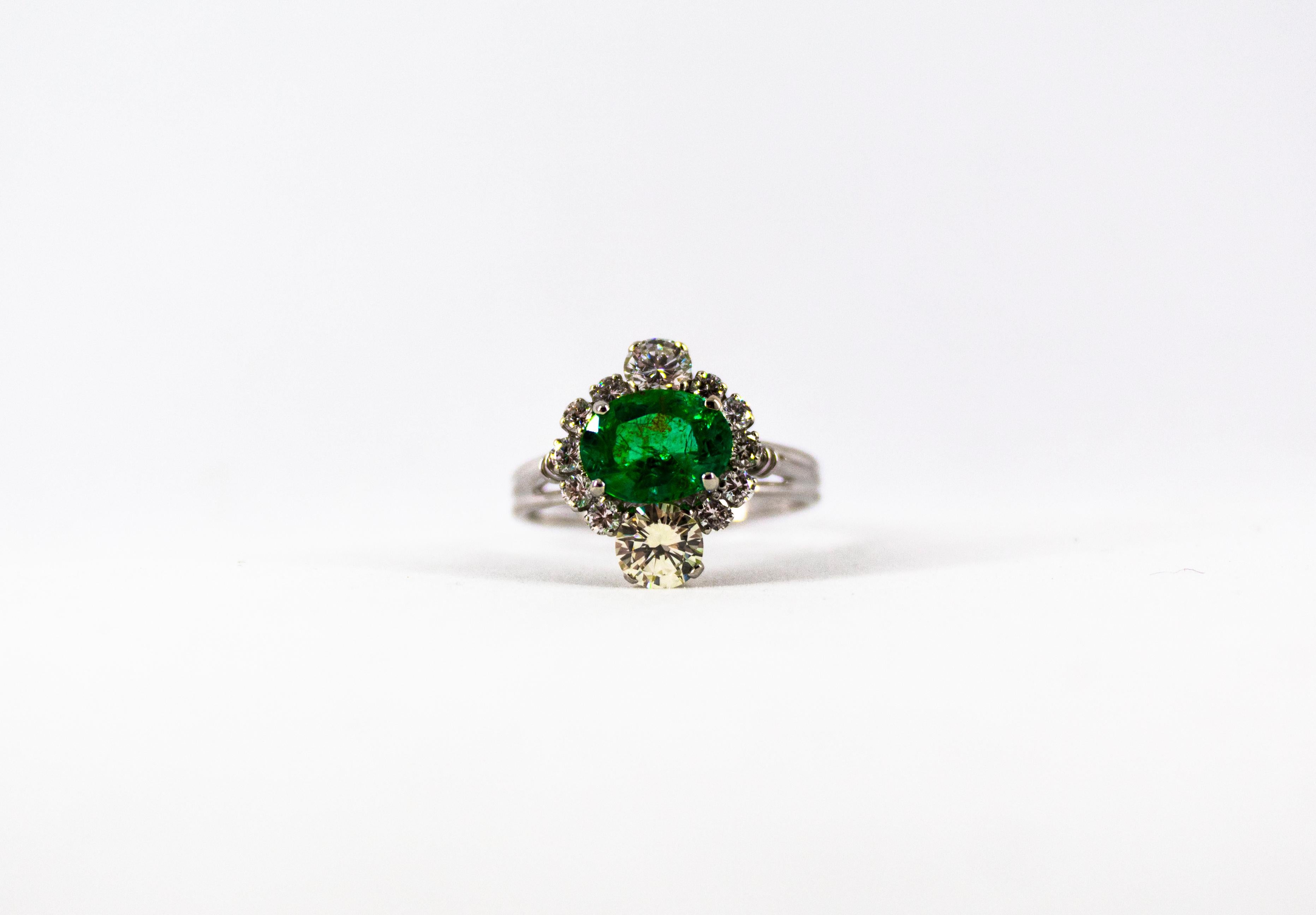Art Deco 1.68 Carat Emerald 1.25 Carat White Diamond White Cocktail Ring 7