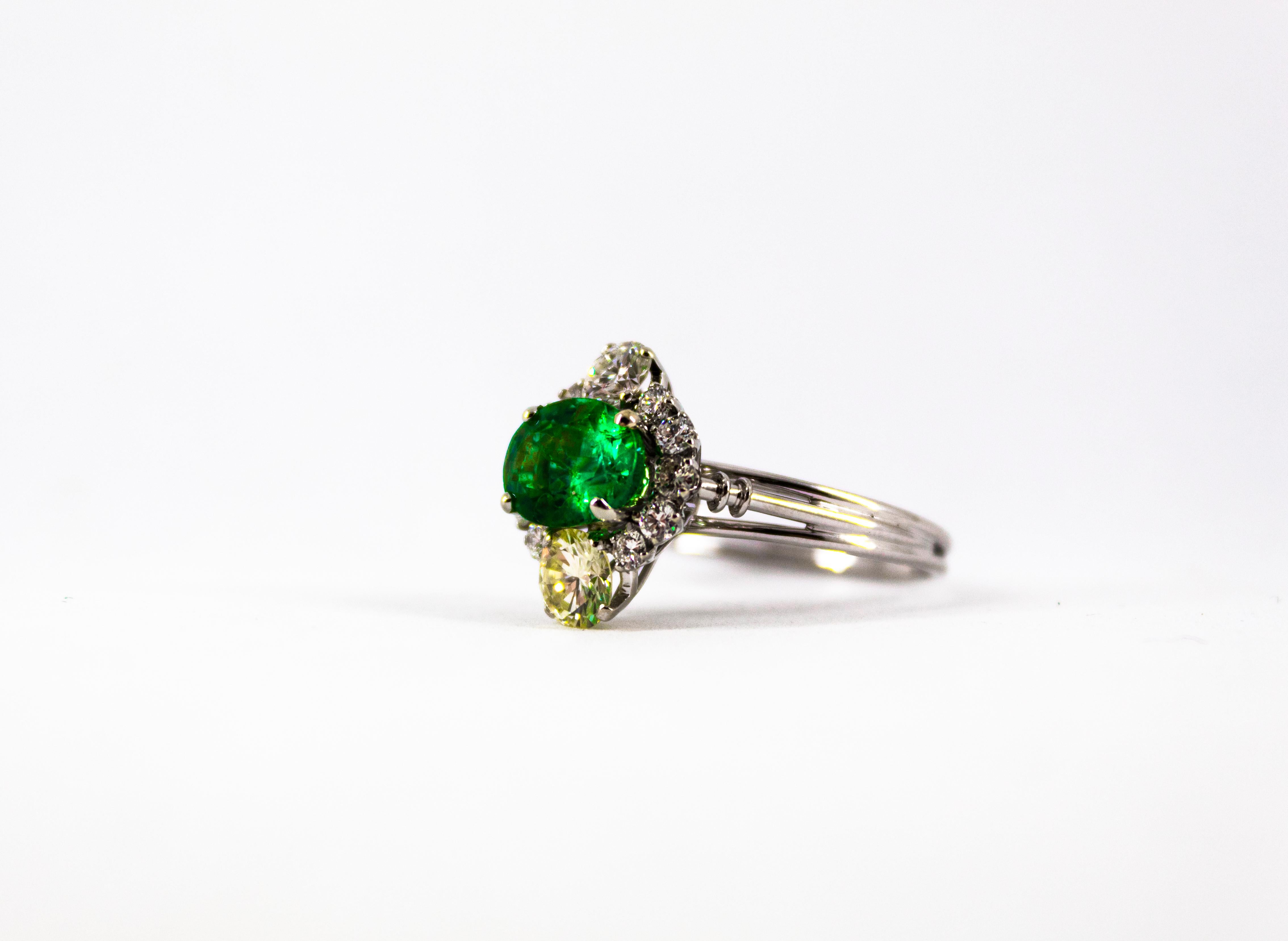 Art Deco 1.68 Carat Emerald 1.25 Carat White Diamond White Cocktail Ring 9