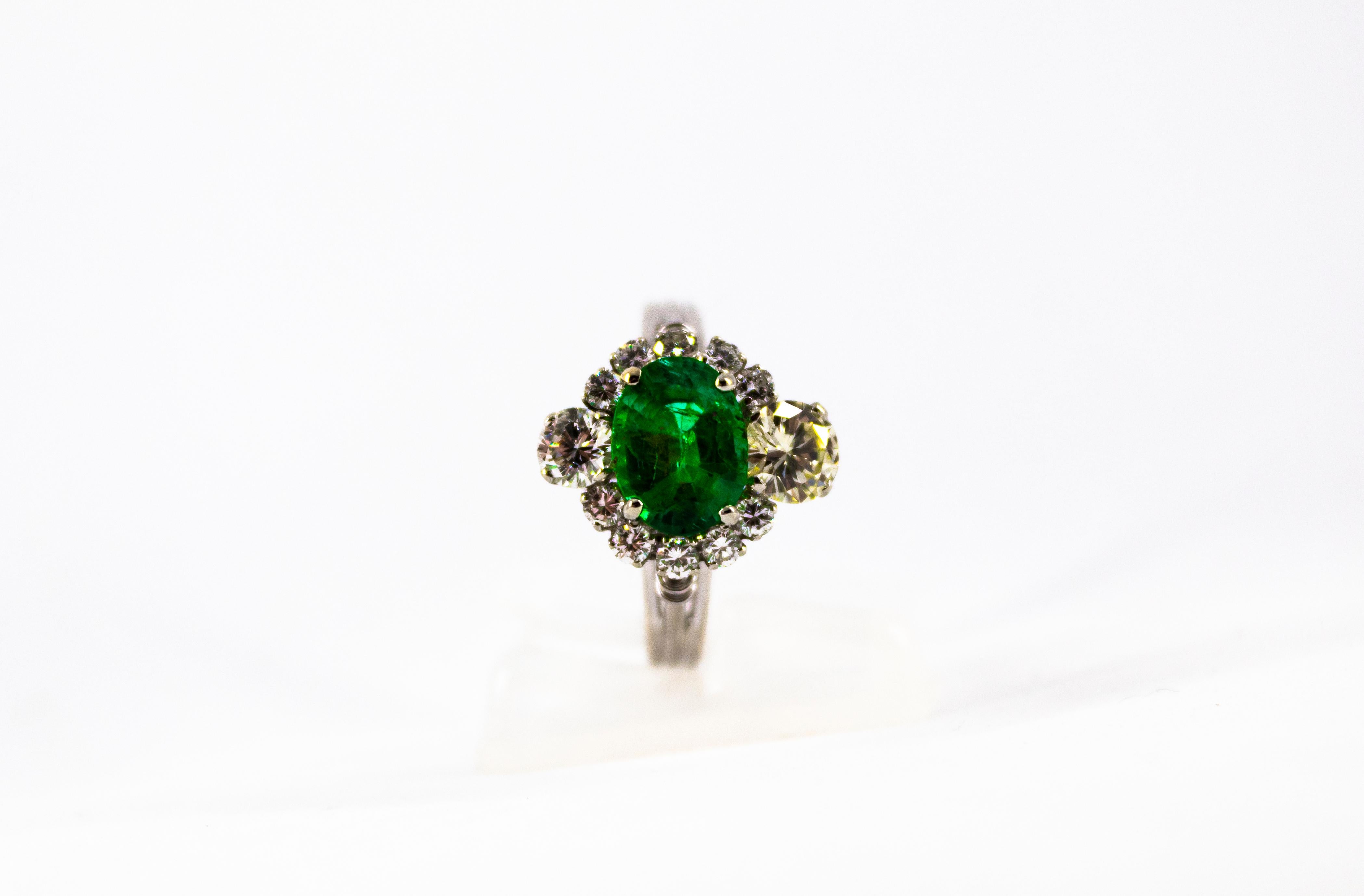 Art Deco 1.68 Carat Emerald 1.25 Carat White Diamond White Cocktail Ring 14