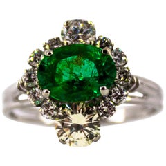 Art Deco 1.68 Carat Emerald 1.25 Carat White Diamond White Cocktail Ring