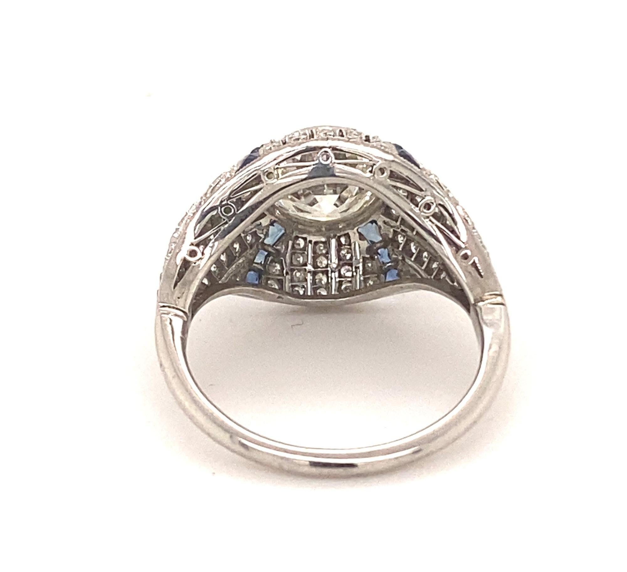 Art Deco Style 1.68 Center Diamond Platinum Sapphires Engagement Ring In Good Condition For Sale In Woodland Hills, CA