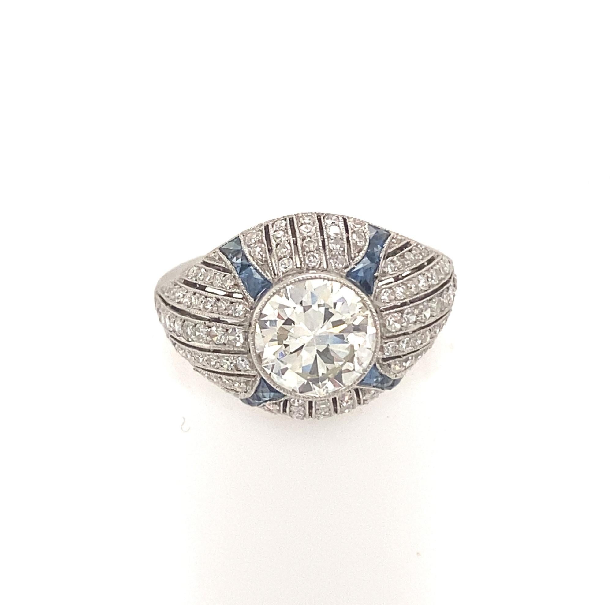 Women's Art Deco Style 1.68 Center Diamond Platinum Sapphires Engagement Ring For Sale