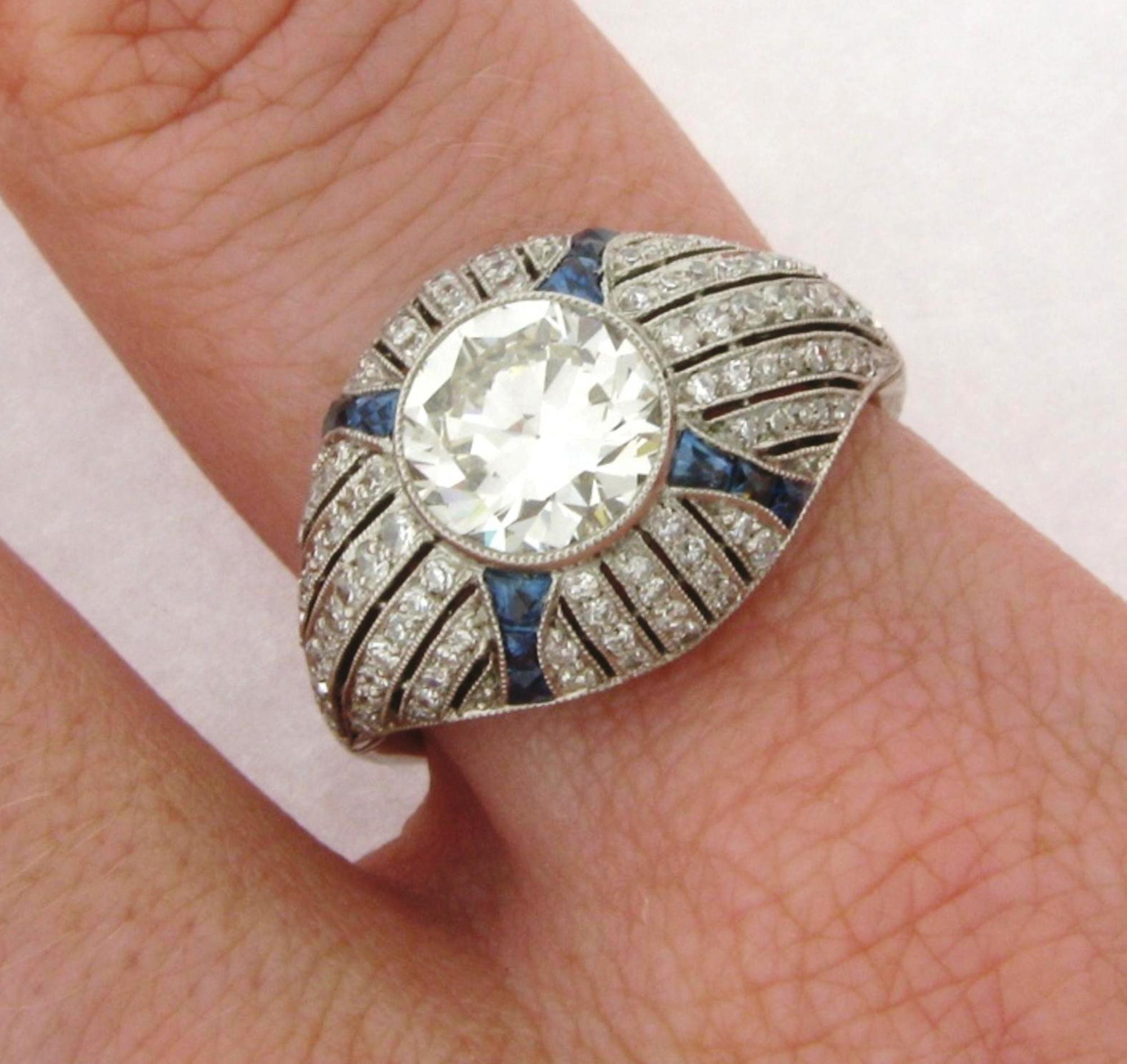Art Deco Style 1.68 Center Diamond Platinum Sapphires Engagement Ring For Sale 1