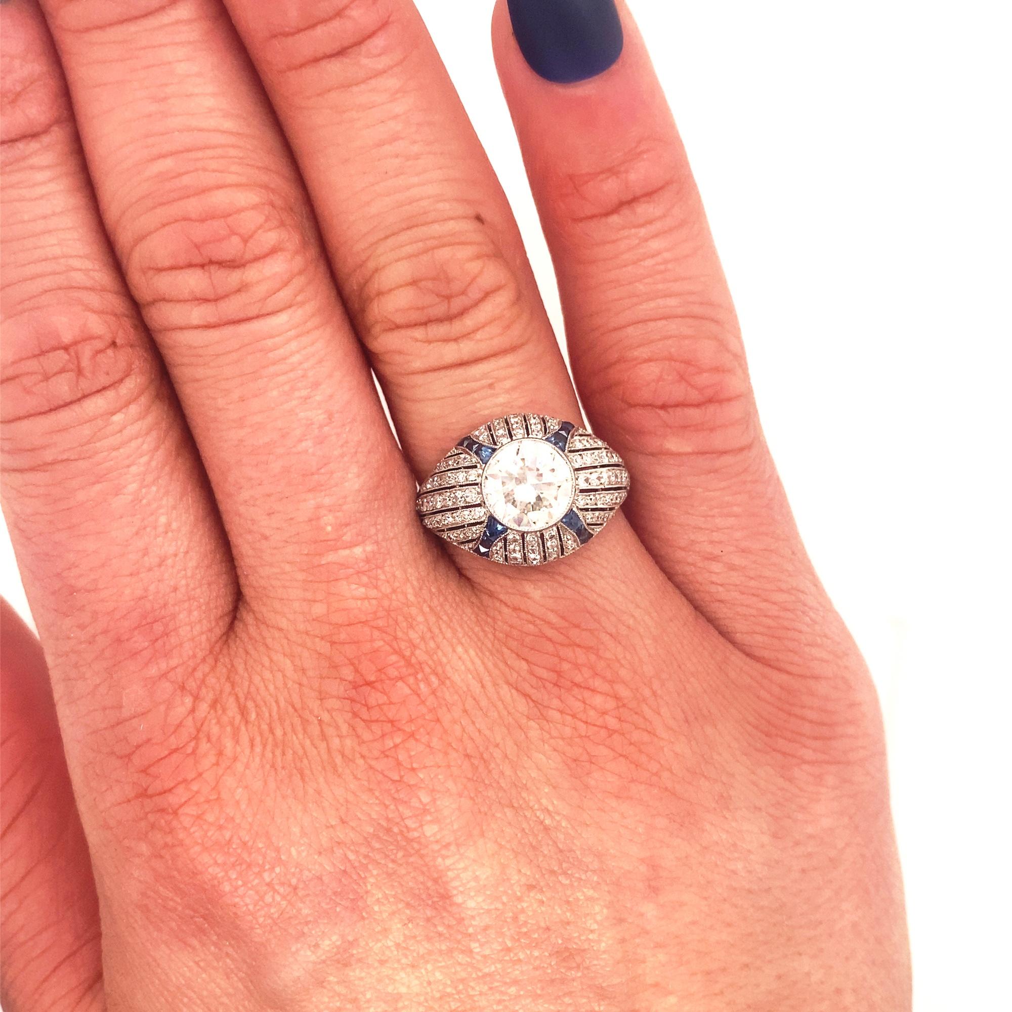 Art Deco Style 1.68 Center Diamond Platinum Sapphires Engagement Ring For Sale 2