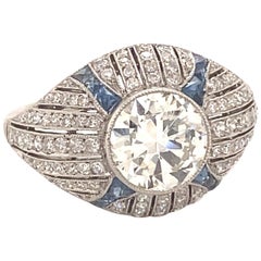 Art Deco Style 1.68 Center Diamond Platinum Sapphires Engagement Ring