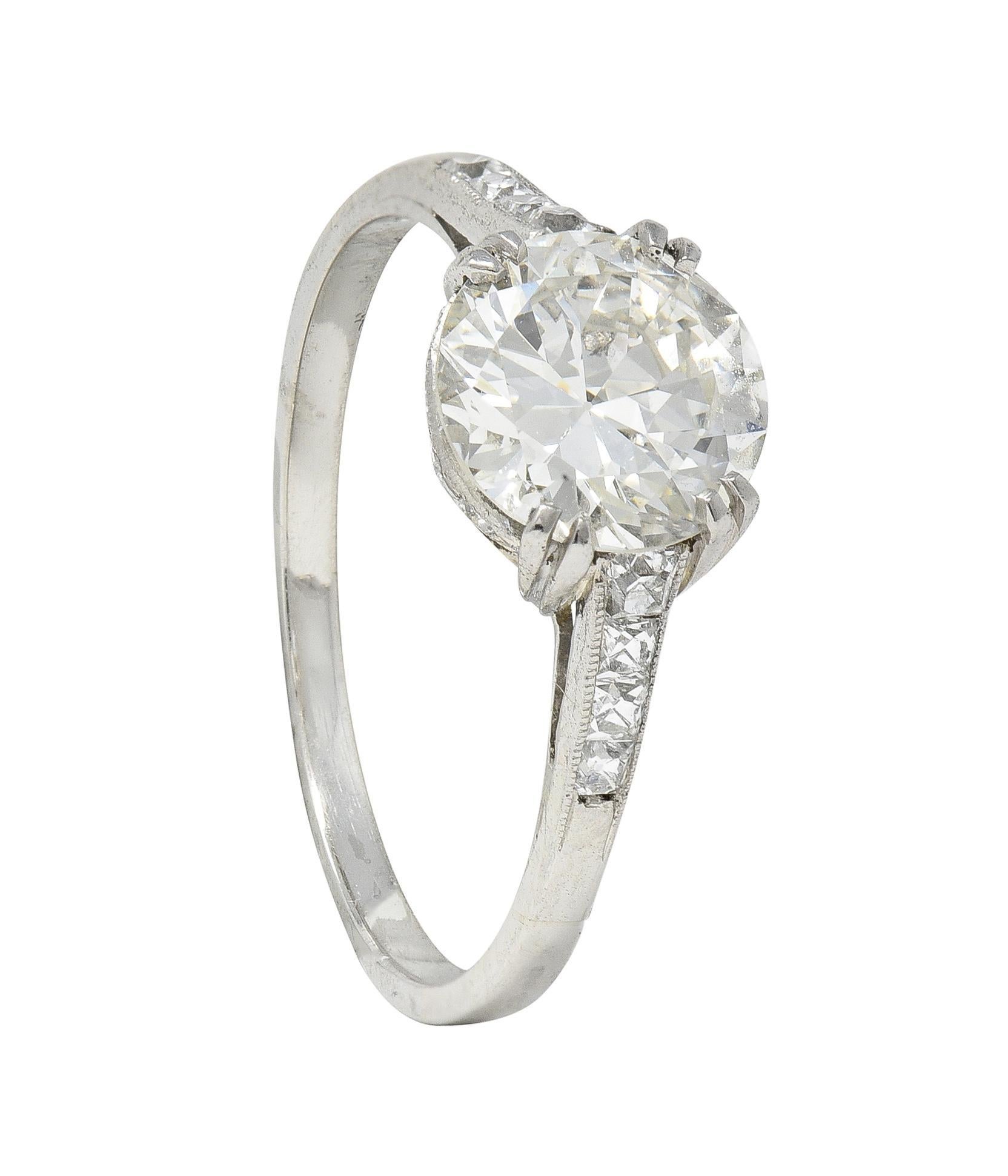 Art Deco 1.68 CTW Old European Diamond 18 Karat White Gold Engagement Ring For Sale 5