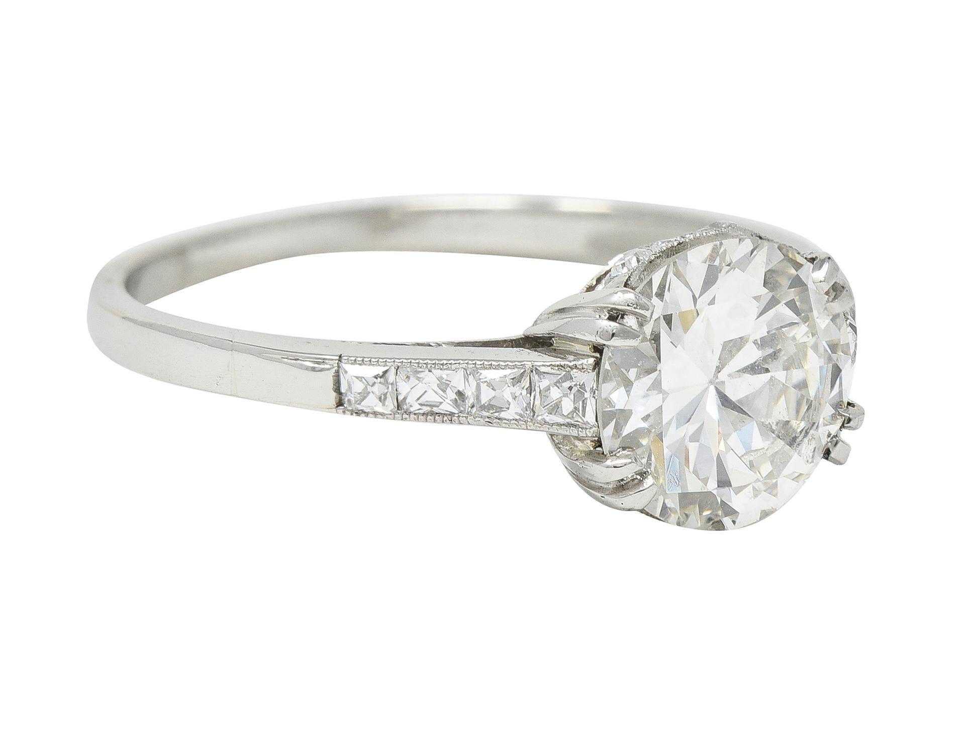 Old European Cut Art Deco 1.68 CTW Old European Diamond 18 Karat White Gold Engagement Ring For Sale